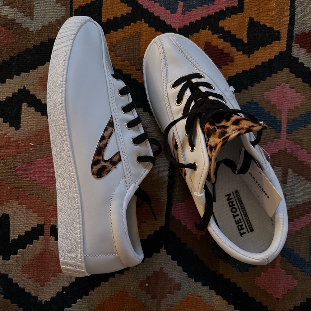 Leather Tretorn sneakers with animal print design boho casual indie comfort